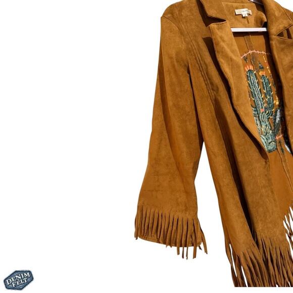ANDRÉE by UNIT Tan Suede Fringe Jacket w/ Embroidered Cactus &Thunderbird Design - Picture 9 of 16